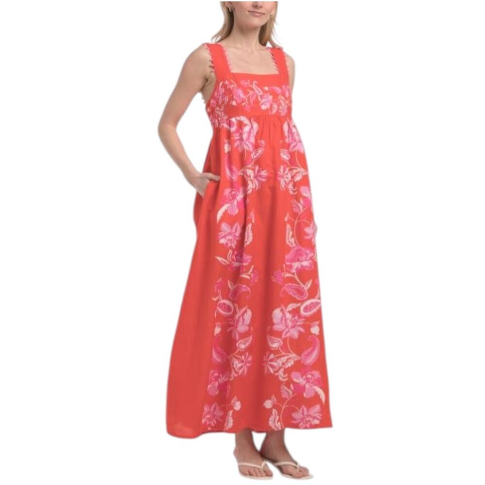 LEA Linen Blend Sleeveless Placed Floral Maxi Dress
